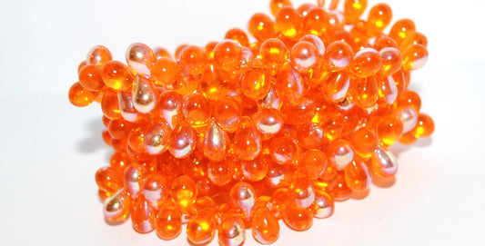 Pear Drop Pressed Glass Beads, Transparent Orange Ab (90020 Ab), Glass, Czech Republic