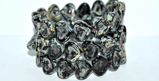 Heart With Heart Pressed Glass Beads, Black Travertin (23980 86800), Glass, Czech Republic