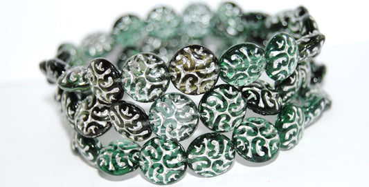 Lentil Round With Ornament Brain Pressed Glass Beads, Lt Green Mixed Colors 54201 (Lt Green Mix 54201), Glass, Czech Republic