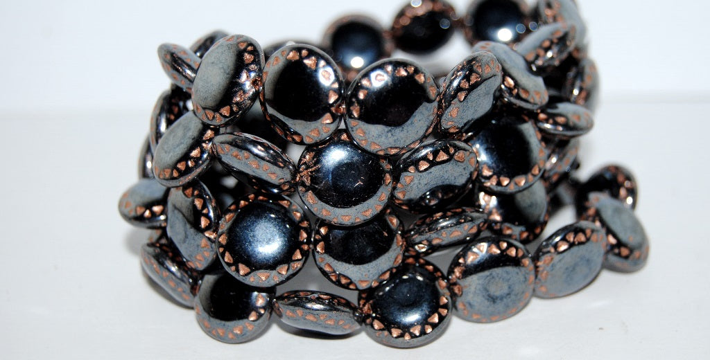 Flat Round Pressed Glass Beads With Ornament, Black Hematite 54200 (23980 14400 54200), Glass, Czech Republic