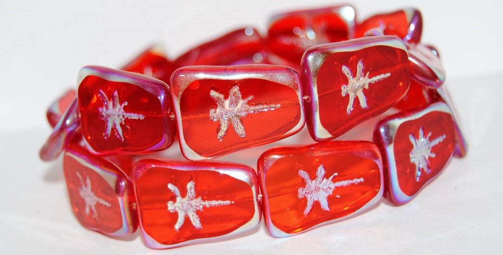 Table Cut Rectangle Beads With Dragonfly, Transparent Red Ab (90060 Ab), Glass, Czech Republic