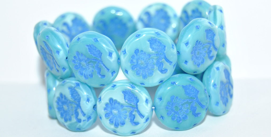 Round Flat With Flower Marguerite Pressed Glass Beads, Opal Aqua 46430 (61300 46430), Glass, Czech Republic