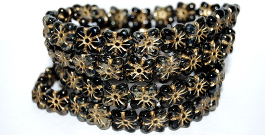 Flower Pressed Glass Beads, Black 43 54202 (23980 43 54202), Glass, Czech Republic
