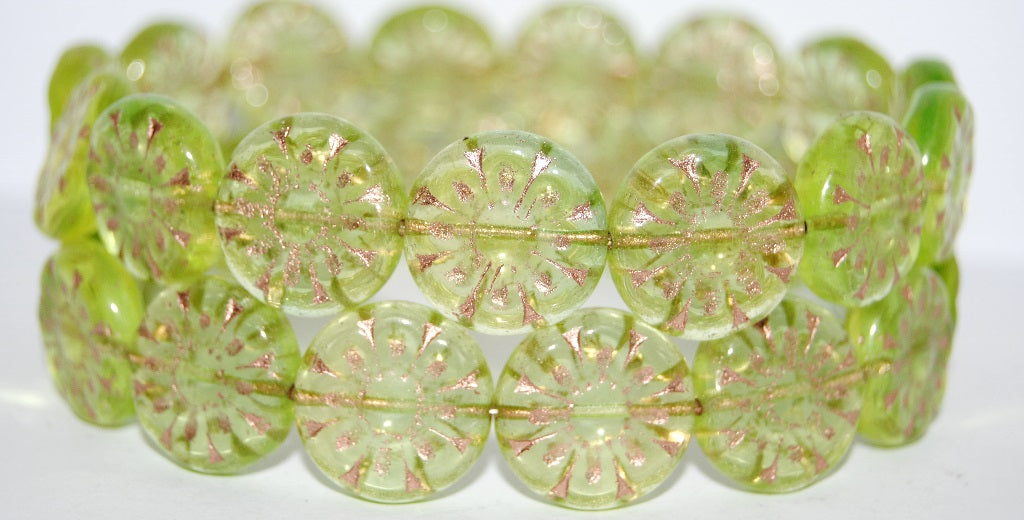 Flat Round With Flower Pressed Glass Beads, (57801 54200), Glass, Czech Republic