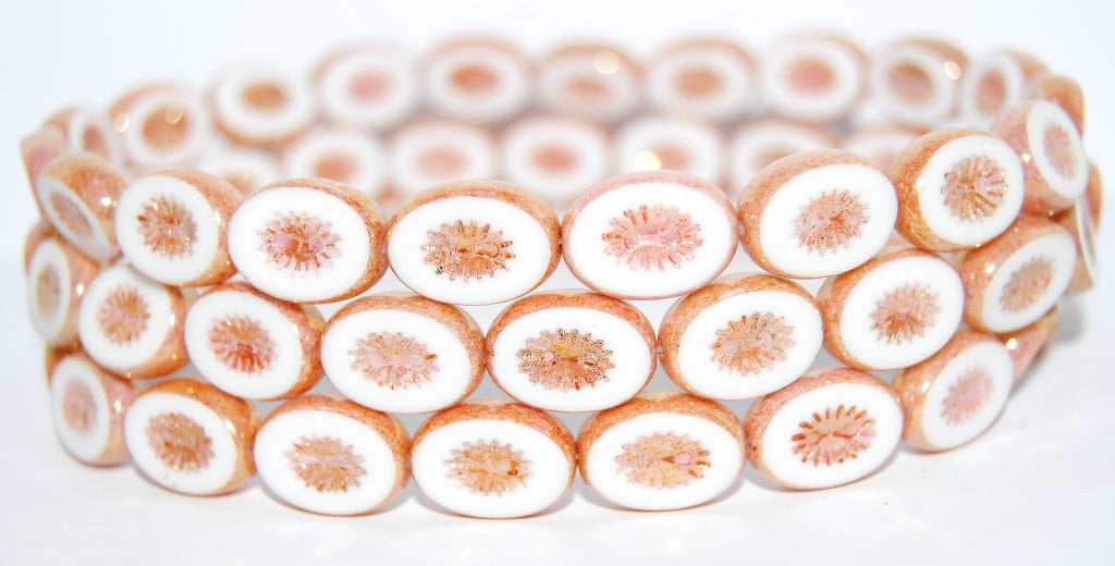 Table Cut Oval Beads Kiwi, White Luster Red Full Coated (2010 14495), Glass, Czech Republic