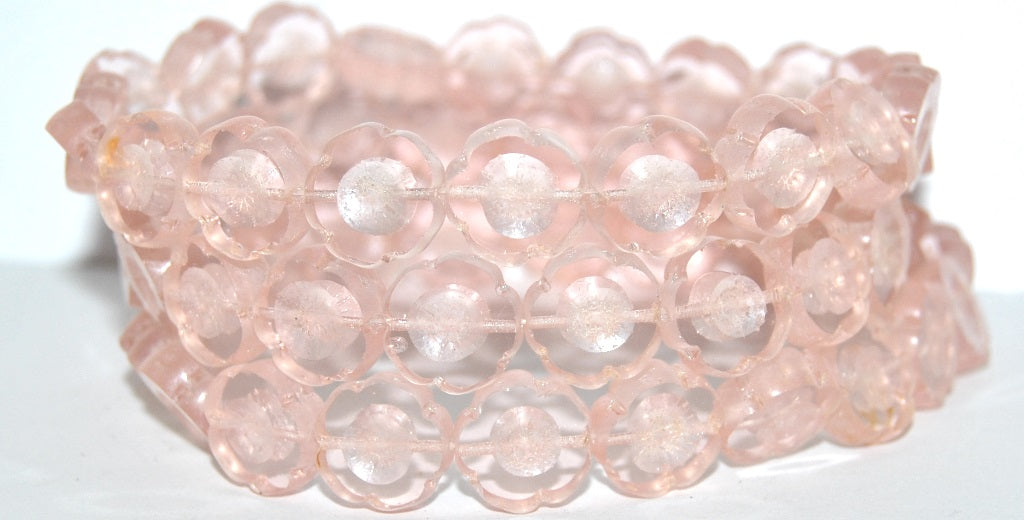 Table Cut Round Beads Hawaii Flowers, Transparent Pink Luster Cream (70110 14401), Glass, Czech Republic