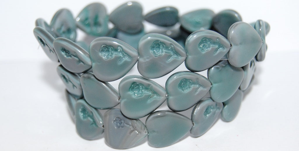 Heart Pressed Glass Beads With Flower, 47603 (47603), Glass, Czech Republic
