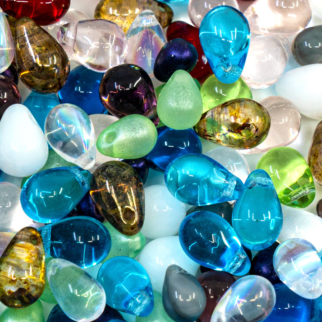 Teardrop Shaped Czech Glass Beads, Mixed Sizes (4-9mm), Mixed Color (50grams)
