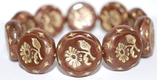 Round Flat With Flower Marguerite Pressed Glass Beads, (17602 54202), Glass, Czech Republic