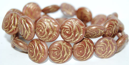 Round Flat Rose Flower Pressed Glass Beads, Opaque Pink 54202 (74020 54202), Glass, Czech Republic