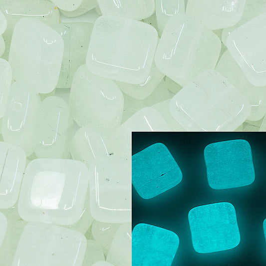 Tile Square 1-hole glass beads, 0.35 inch (9x9mm), Czech Republic, Dirty White - Glow in the Dark Bright Blue