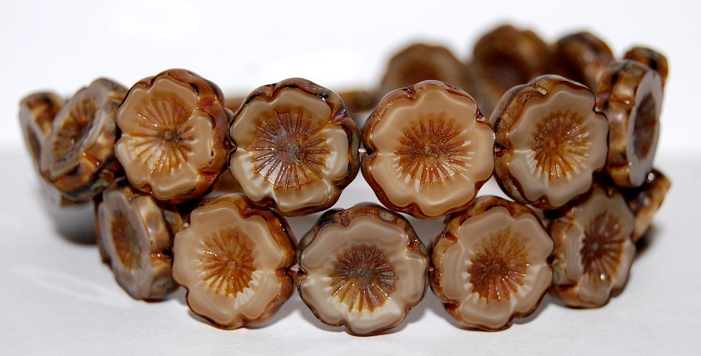 Table Cut Round Beads Hawaii Flowers, 14010 Travertin (14010 86800), Glass, Czech Republic