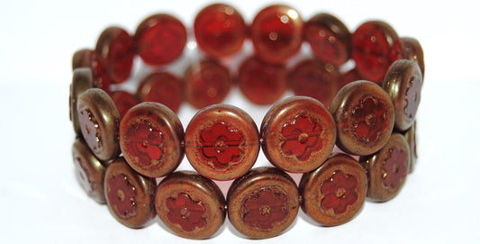 Table Cut Round Beads With Flower, Transparent Pink Luster Red Full Coated (70010 14495), Glass, Czech Republic