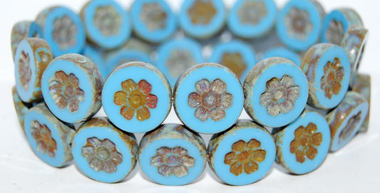 Table Cut Round Beads With Flower, Blue 66800 (62010 66800), Glass, Czech Republic