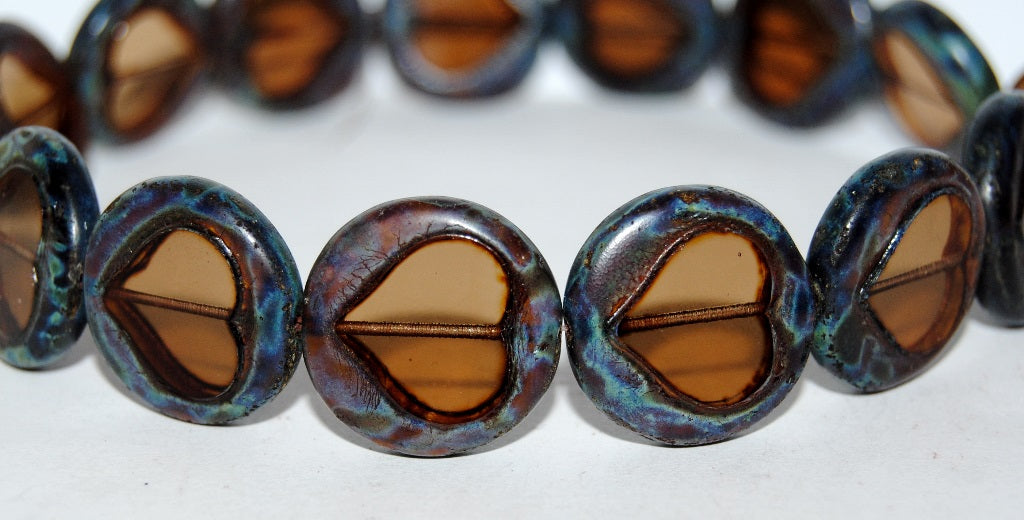 Table Cut Round Beads With Heart, Transparent Brown 86801 (10220 86801), Glass, Czech Republic