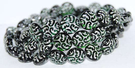 Lentil Round With Ornament Brain Pressed Glass Beads, Dark Green Mixed Colors 54201 (Dark Green Mix 54201), Glass, Czech Republic