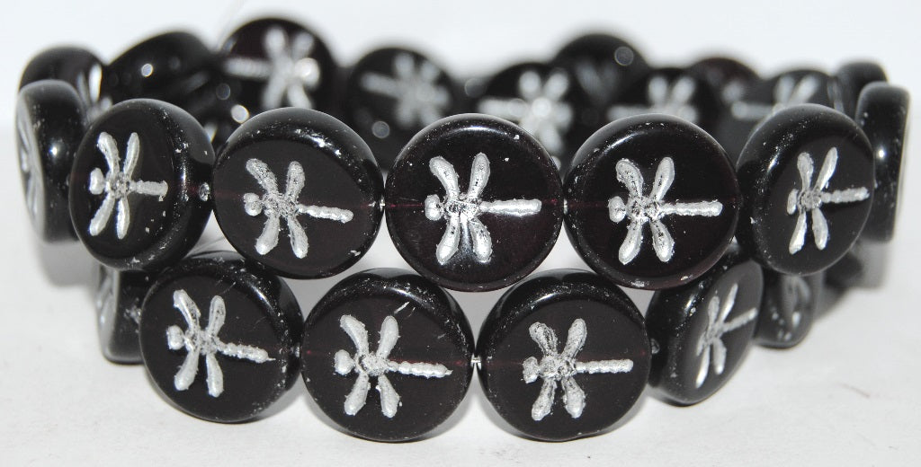 Round Flat Wit Dragonfly Pressed Glass Beads, Mixed Colors Purple Black 54201 (Mix Purple Black 54201), Glass, Czech Republic