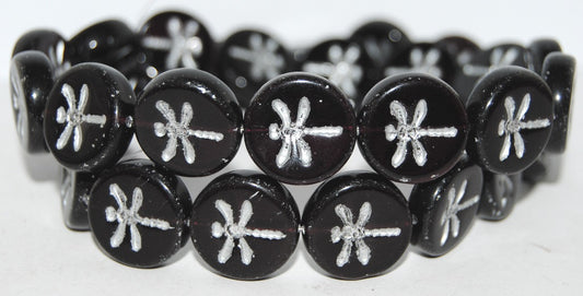 Round Flat Wit Dragonfly Pressed Glass Beads, Mixed Colors Purple Black 54201 (Mix Purple Black 54201), Glass, Czech Republic