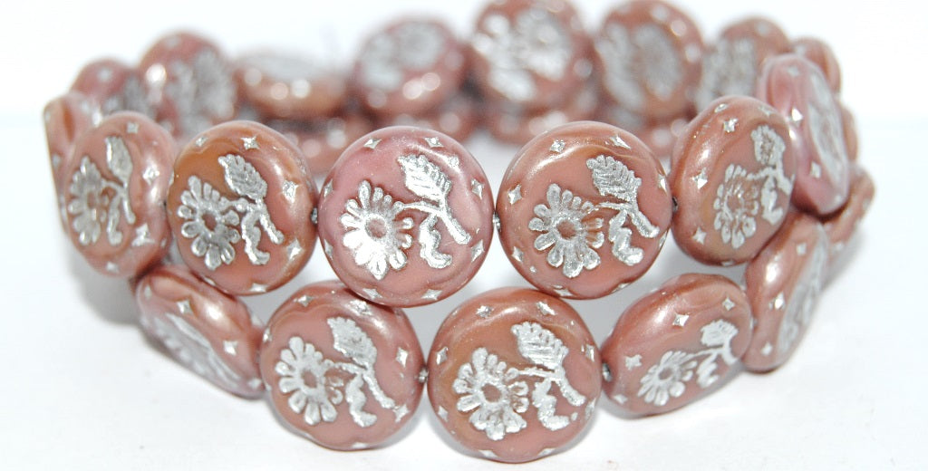 Round Flat With Flower Marguerite Pressed Glass Beads, Opaque Pink 54201 (74020 54201), Glass, Czech Republic