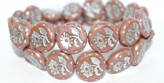 Round Flat With Flower Marguerite Pressed Glass Beads, Opaque Pink 54201 (74020 54201), Glass, Czech Republic