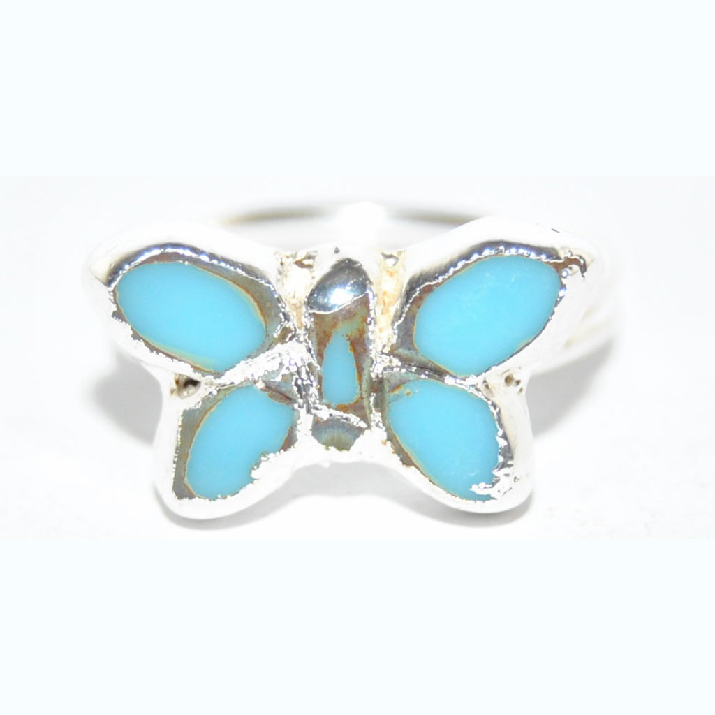 Adjustable Ring with Polished Czech Glass Bead, Butterfly 20 x 12 mm (G-22-F)