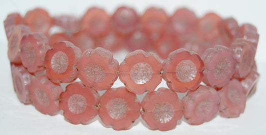 Table Cut Round Beads Hawaii Flowers, Opal Pink Luster Cream (71010 14401), Glass, Czech Republic