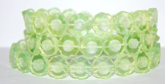 Table Cut Round Beads Hawaii Flowers, 57801 Luster Cream (57801 14401), Glass, Czech Republic