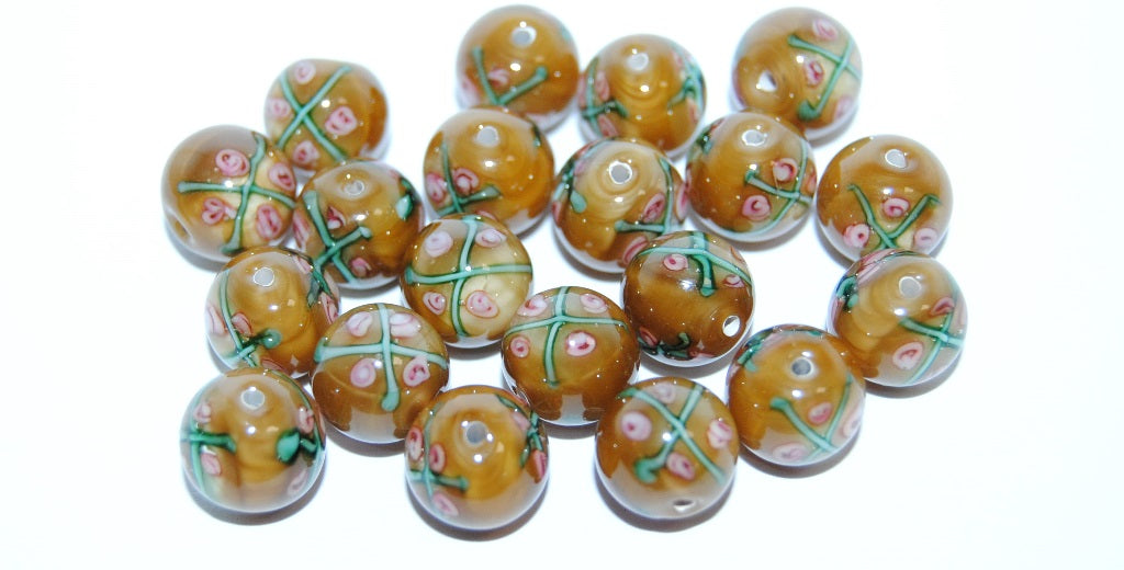 Czech Glass Hand Made Round Lampwork Beads With Flower, (10 G), Glass, Czech Republic