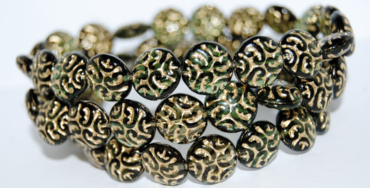 Lentil Round With Ornament Brain Pressed Glass Beads, Mixed Colors Green 54202 (Mix Green  54202), Glass, Czech Republic