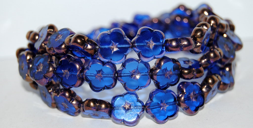 Table Cut Flower Beads, Transparent Blue Bronze (30060 14415), Glass, Czech Republic