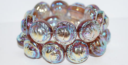 Round With Rose Flower Pressed Glass Beads, Transparent Light Amethyst Ab 2X (20020 Ab 2X), Glass, Czech Republic