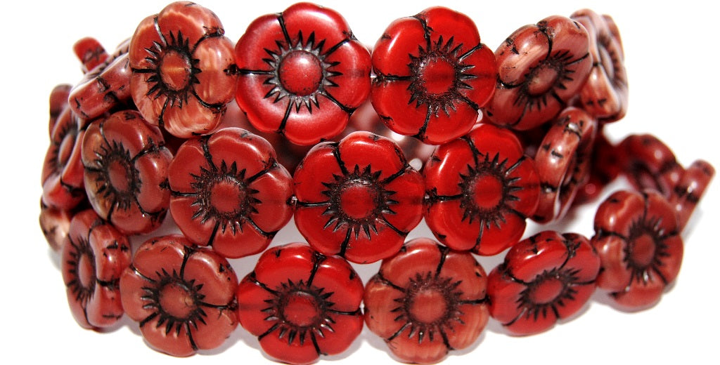 Round Flat Flower Pressed Glass Beads, Red Mixed Colors 23202 (Red Mix 23202), Glass, Czech Republic