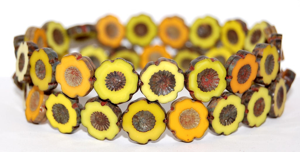 Table Cut Round Beads Hawaii Flowers, Mixed Colors Yellow Travertin (Mix Yellow 86800), Glass, Czech Republic