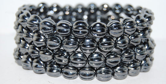 Melon Round Pressed Glass Beads With Stripes, Black Hematite (23980 14400), Glass, Czech Republic