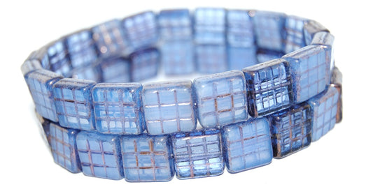 Table Cut Square Beads With Grid, Blue Mixed Colors Bronze (Blue Mix 14415), Glass, Czech Republic