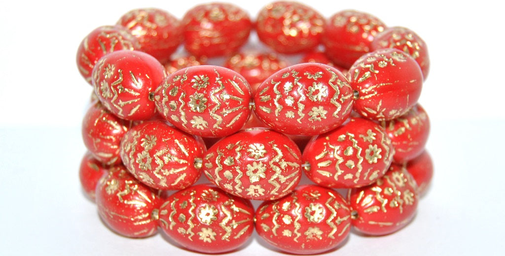 Oval Egg With Decor Pressed Glass Beads, Opaque Red 54202 (93200 54202), Glass, Czech Republic