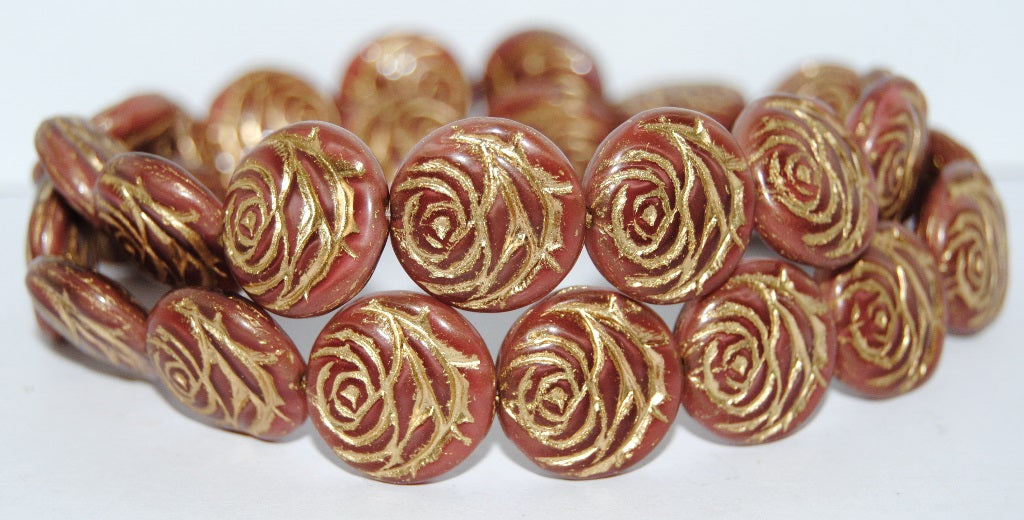 Round Flat Rose Flower Pressed Glass Beads, (77603 54202), Glass, Czech Republic
