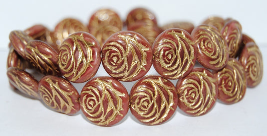 Round Flat Rose Flower Pressed Glass Beads, (77603 54202), Glass, Czech Republic