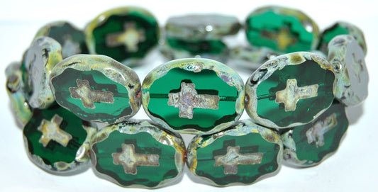Table Cut Oval Beads With Cross, Transparent Green Emerald Travertin (50730 86800), Glass, Czech Republic