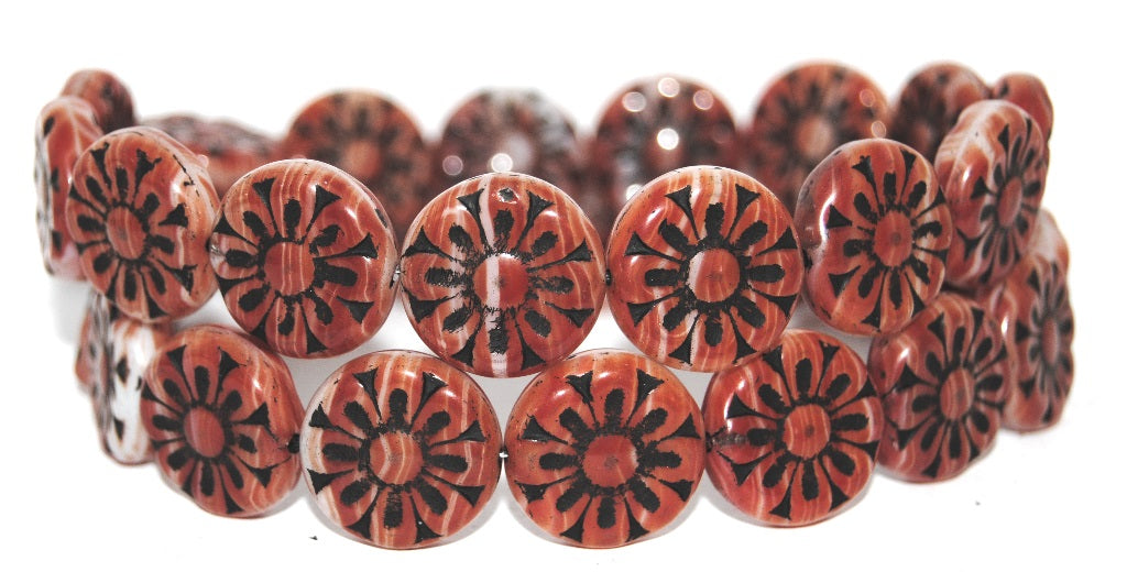 Flat Round With Flower Pressed Glass Beads, Green Purple 23202 (95000 23202), Glass, Czech Republic