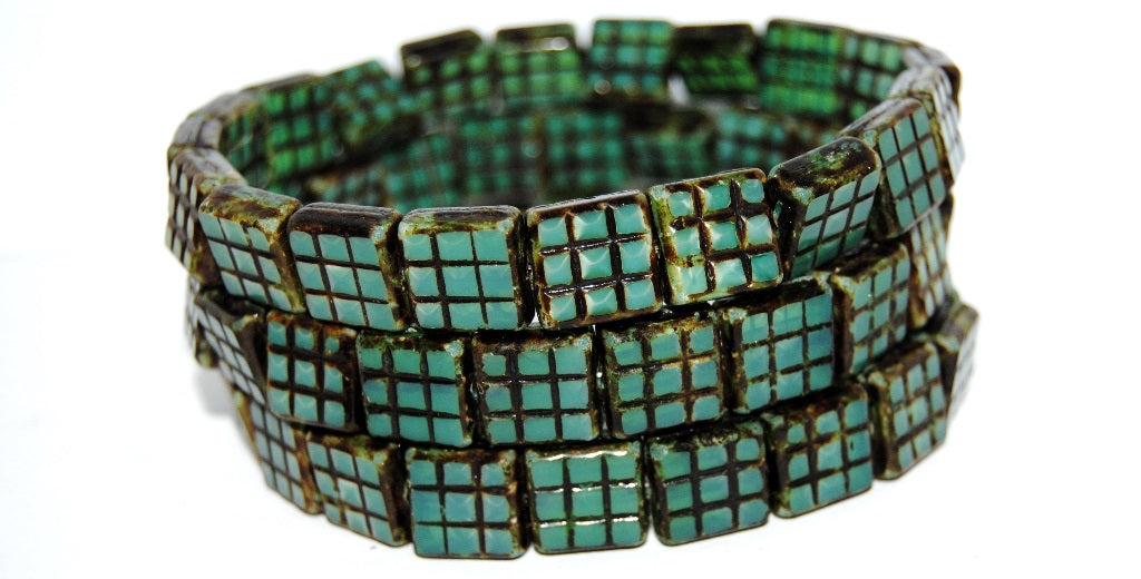 Table Cut Square Beads With Grid, Opal Aqua Travertin (61300 86800), Glass, Czech Republic