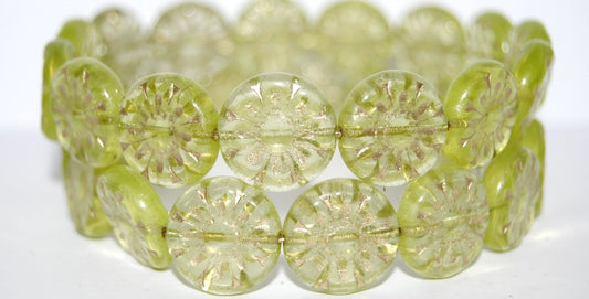 Flat Round With Flower Pressed Glass Beads, Transparent Yellow 54202 (80120 54202), Glass, Czech Republic