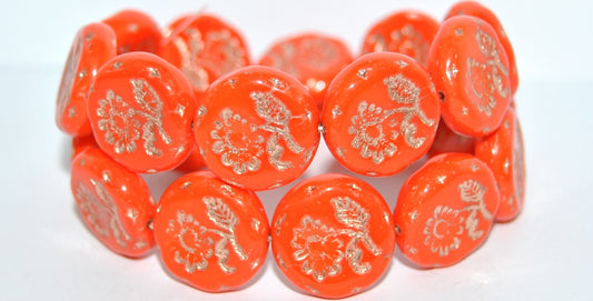 Round Flat With Flower Marguerite Pressed Glass Beads, Deep Orange  54200 (93140 54200), Glass, Czech Republic