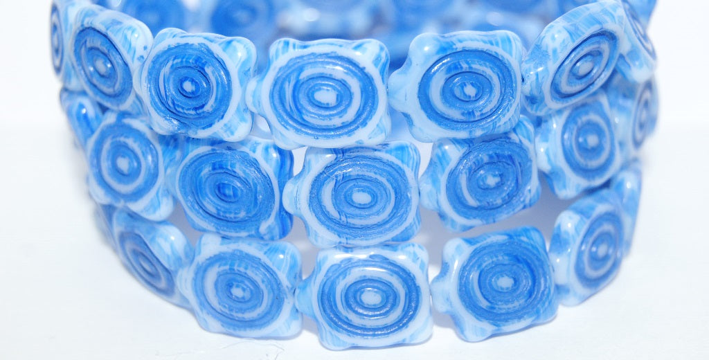 Spiral Turtle Pressed Glass Beads, Opaque White Blue Striped 46430 (35000 46430), Glass, Czech Republic
