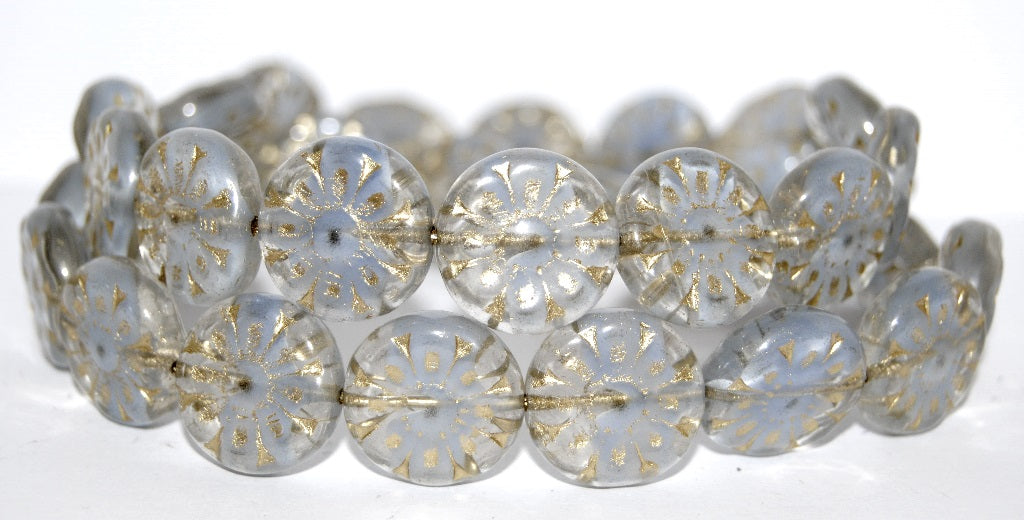 Flat Round With Flower Pressed Glass Beads, (36018 54202), Glass, Czech Republic