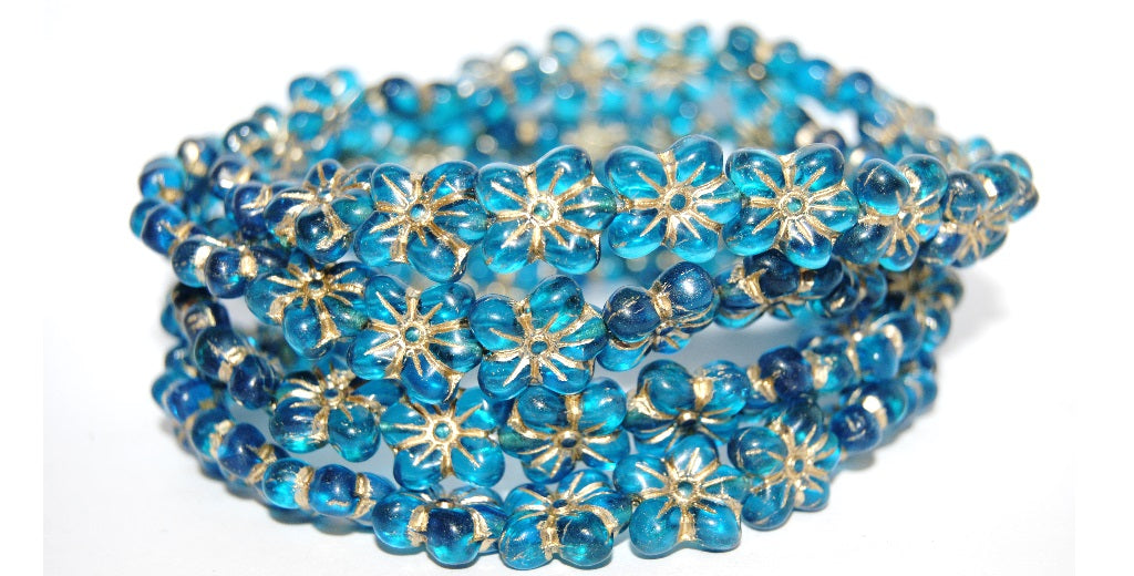 Flower Pressed Glass Beads, Transparent Aqua 54202 (60050 54202), Glass, Czech Republic