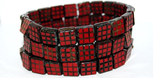 Table Cut Square Beads With Grid, Opaque Red Travertin (93200 86800), Glass, Czech Republic