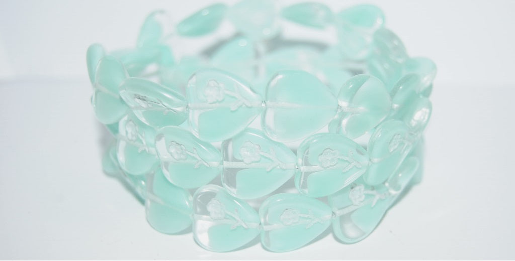 Heart Pressed Glass Beads With Flower, Teal 46401 (56218 46401), Glass, Czech Republic