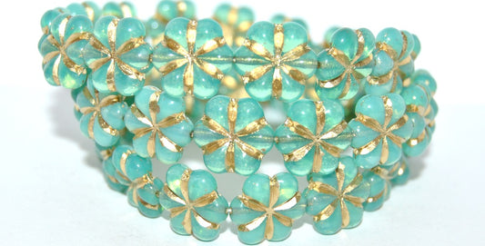 6-Petal Flower Pressed Glass Beads, Opal Aqua 54202 Uranium (61100 54202 Uranium), Glass, Czech Republic