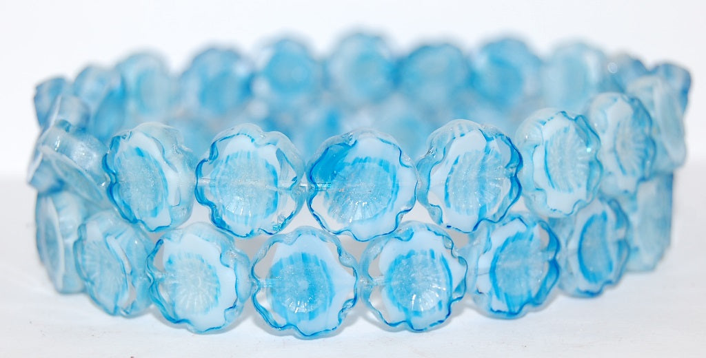 Table Cut Round Beads Hawaii Flowers, Light Blue White Delay Luster Cream (65016 14401), Glass, Czech Republic